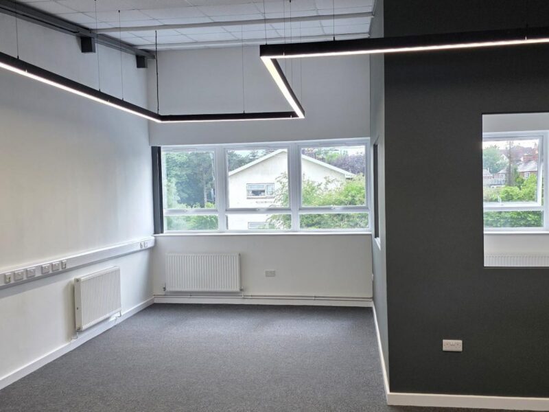 Finished office with a dark feature wall, a wall-mounted screen and suspended linear lighting