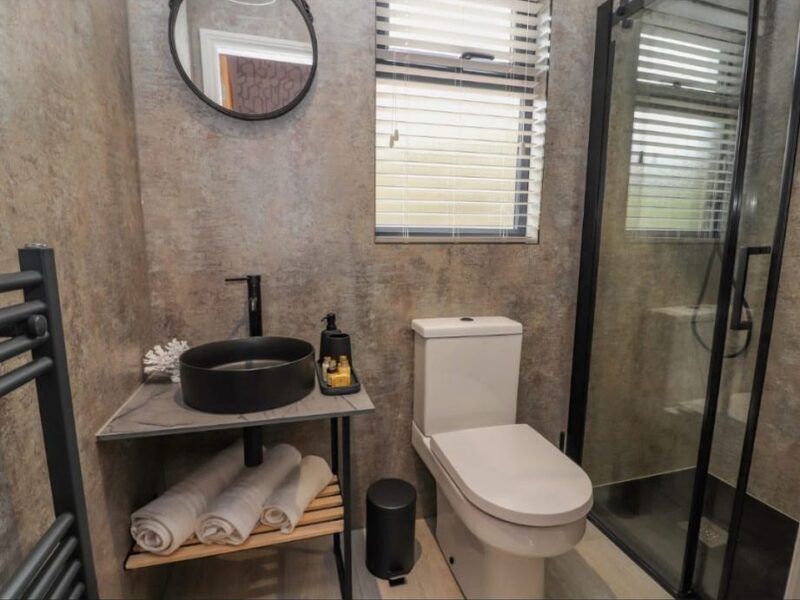 Shower room with a corner shower enclosure, basin and heated towel rail
